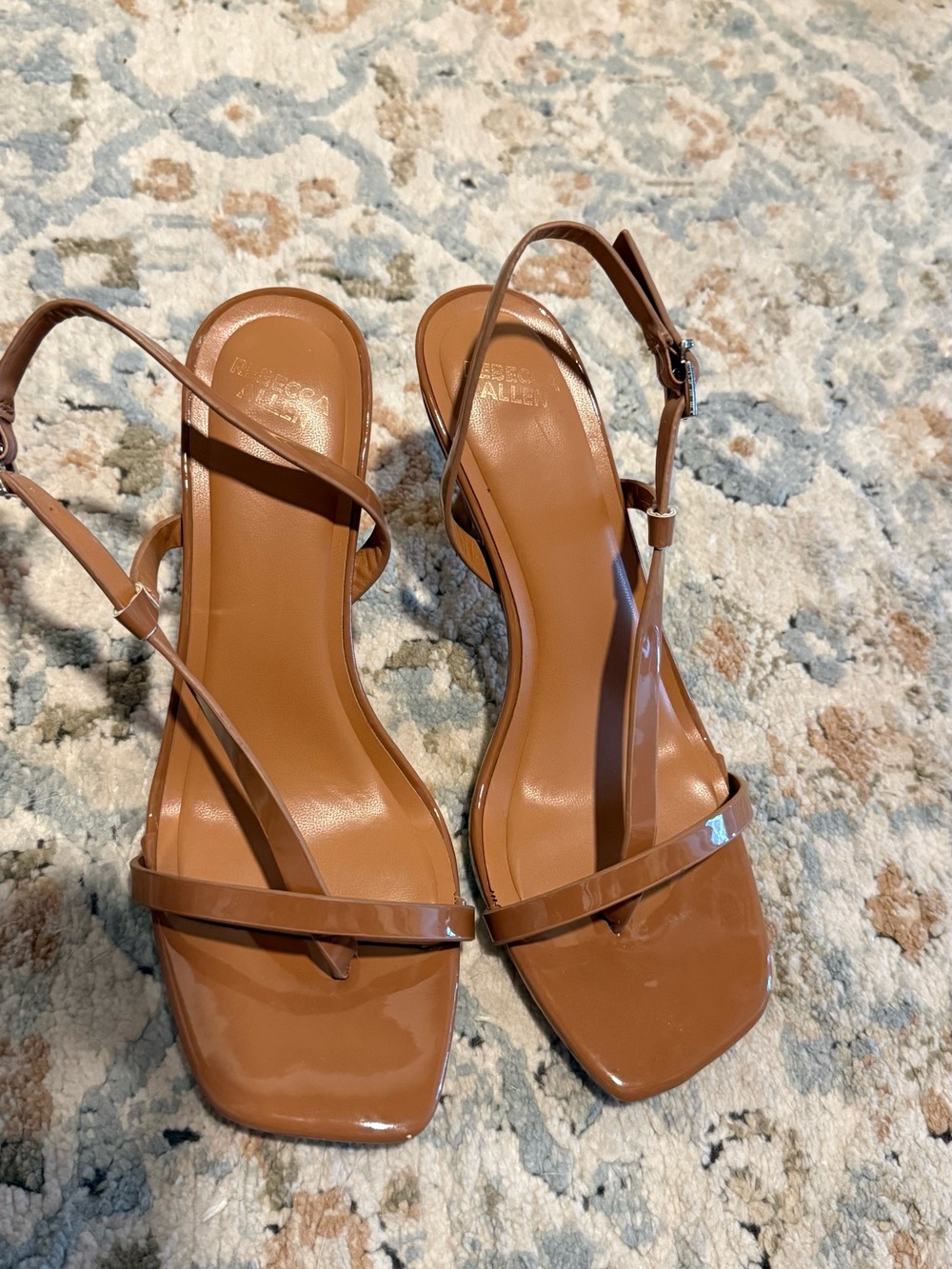 Patent Leather Square-Toe Slingback Heels in Tan